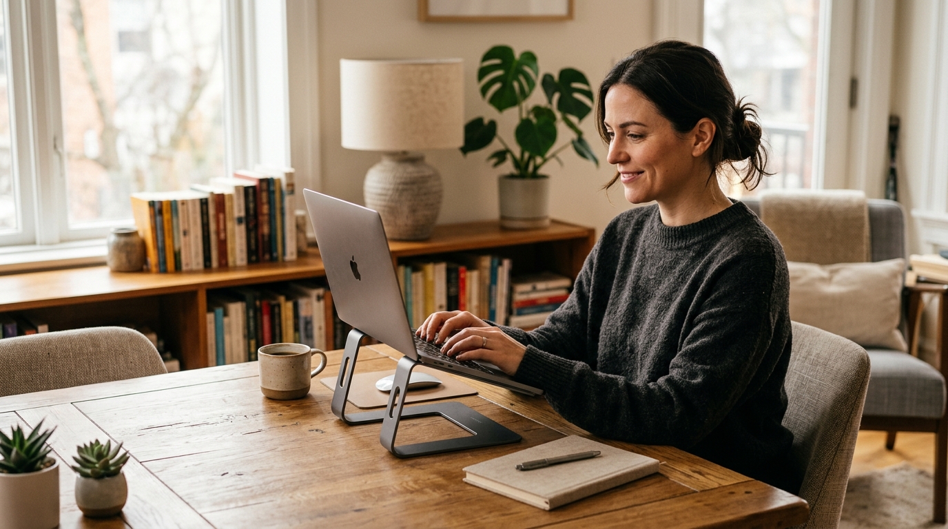 Height-adjustable aluminum laptop stand raising a MacBook to eye level on a modern home office desk