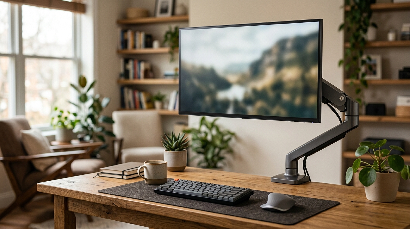 Ergotron LX monitor arm holding a 27-inch computer monitor at eye level on a clean white desk