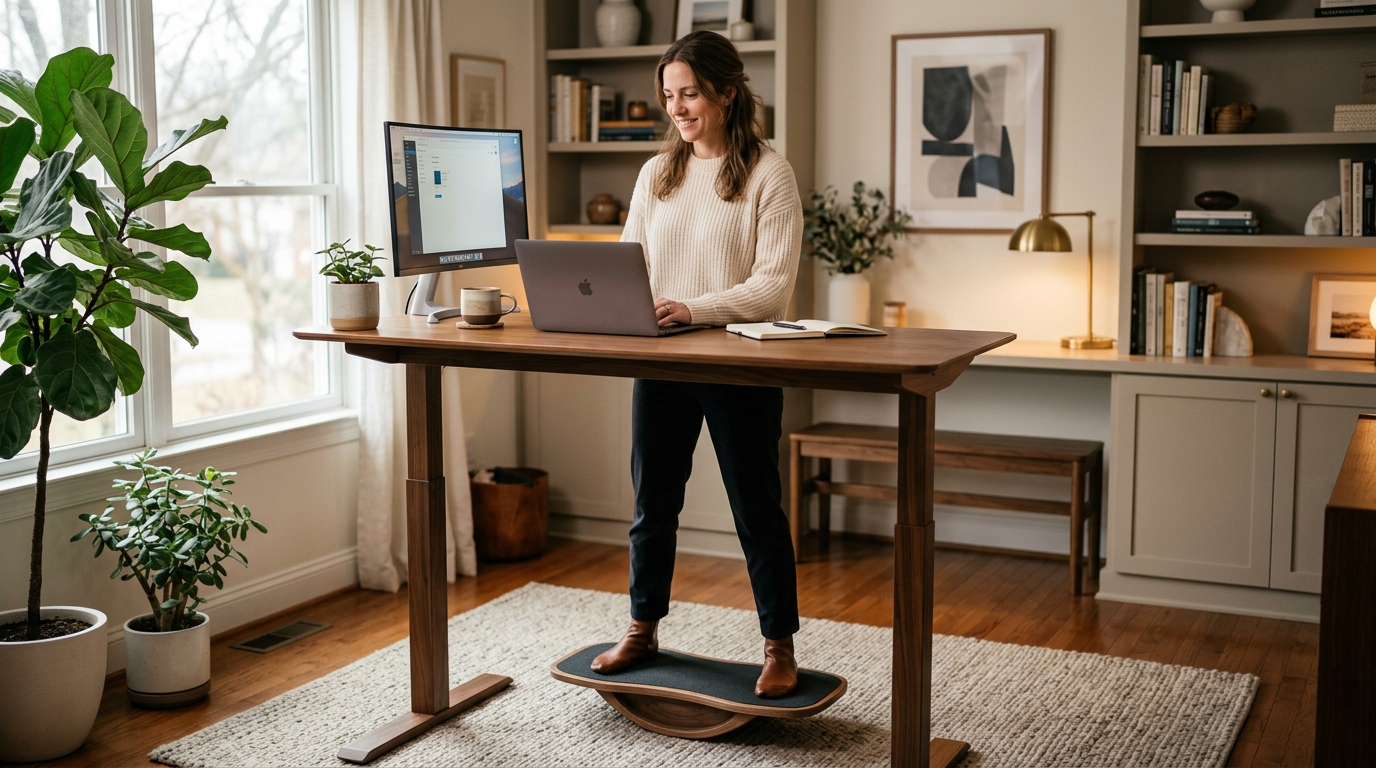 Wooden balance board on a hardwood floor beneath a standing desk in a modern home office