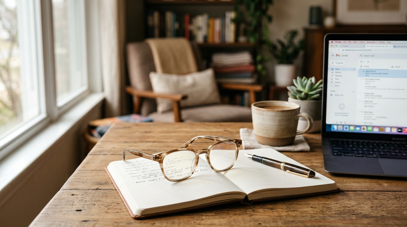 Blue light blocking glasses with clear lenses resting on a laptop keyboard in a modern home office with a monitor in the background