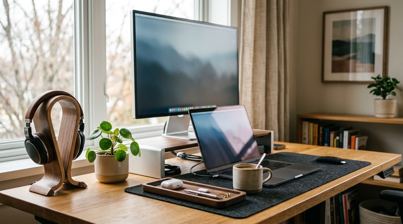 Organized desk setup with USB hub, desk mat, document holder, and cable management accessories