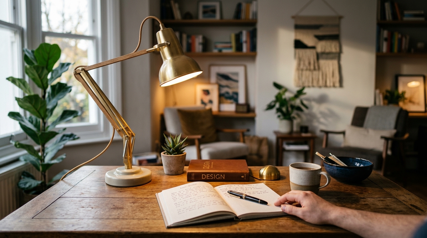 LED monitor light bar mounted on a 27-inch display illuminating a clean home office desk without screen glare