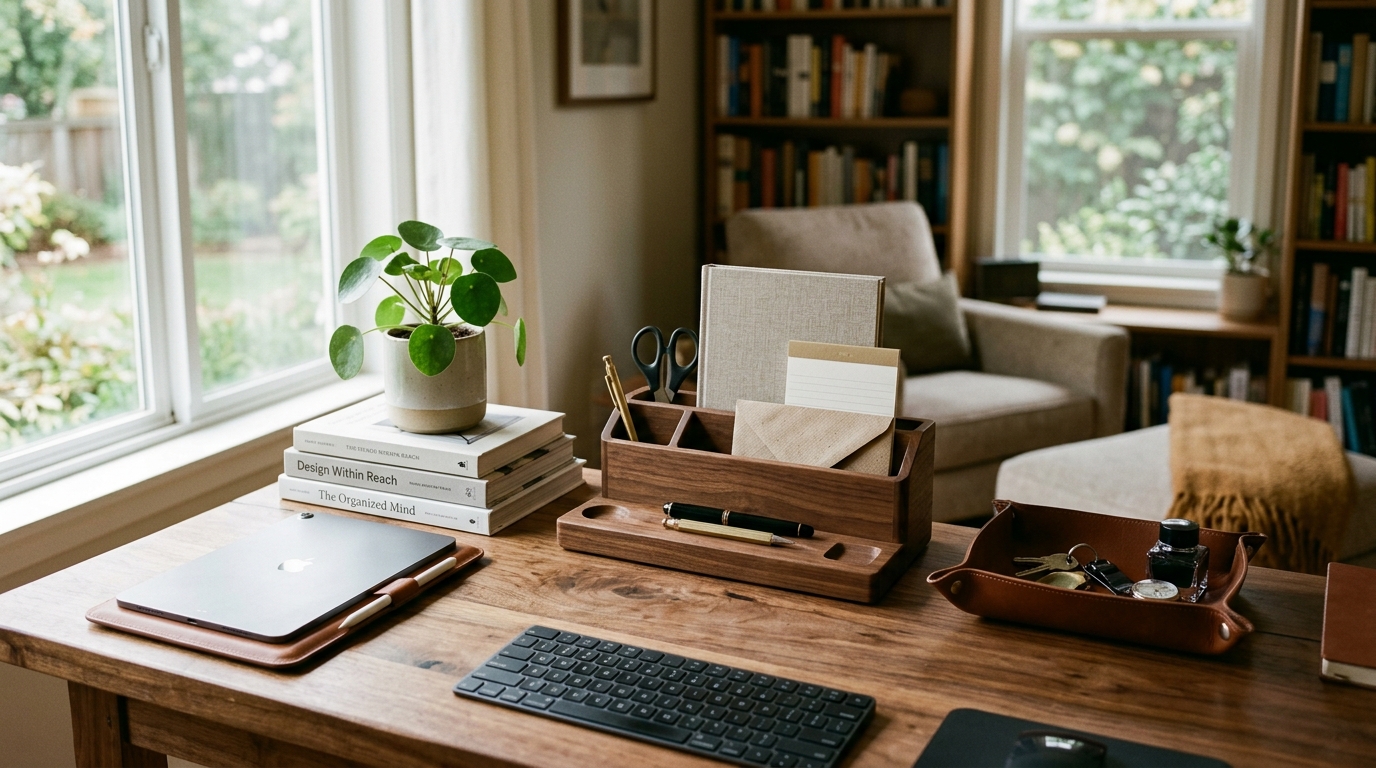 Bamboo and mesh desk organizer set on a clean wood office desk with pens, notepads, and small accessories neatly sorted