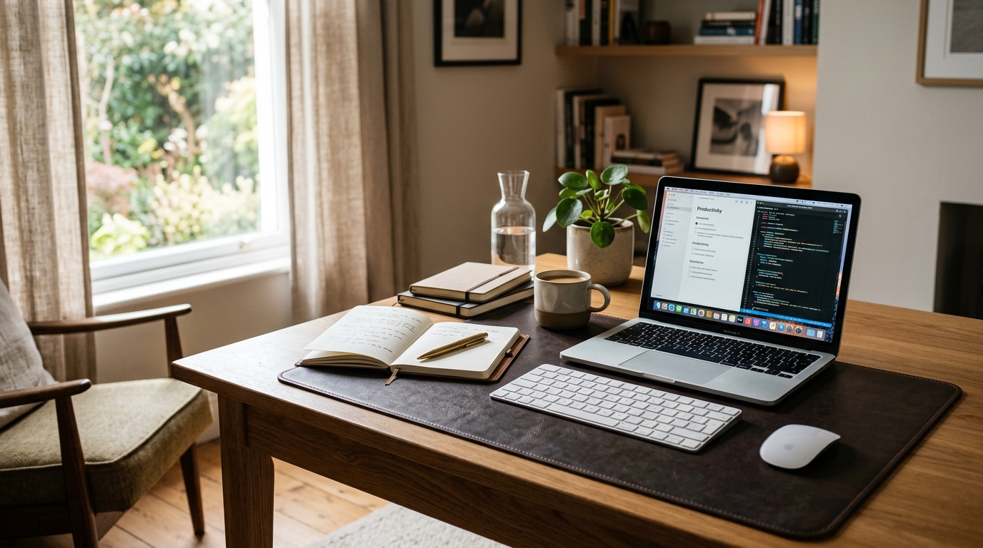 Large leather desk pad covering a home office desk with keyboard and mouse on a clean minimalist workspace