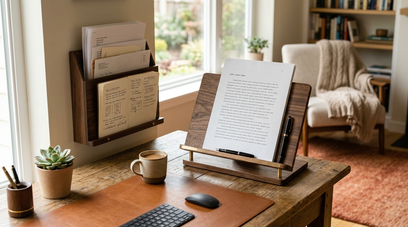 Ergonomic document holder mounted to monitor side holding printed reference sheets at eye level