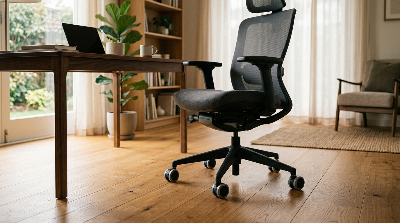 Close-up of soft polyurethane rollerblade-style office chair casters rolling on a light hardwood floor