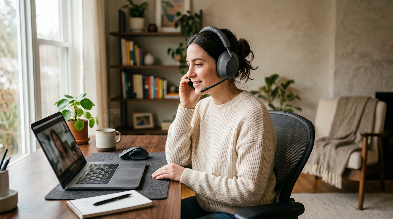 Premium wireless office headset with boom mic resting on a laptop next to a notebook on a clean modern desk