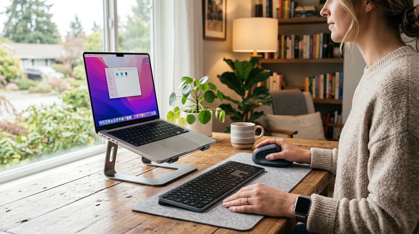 Logitech MX Vertical ergonomic mouse next to a MacBook Pro on a minimal wood desk