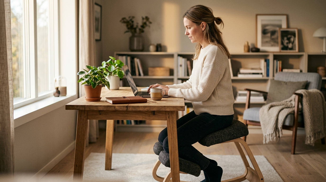 Wooden kneeling chair with cushioned seat and knee rest in a clean home office setting