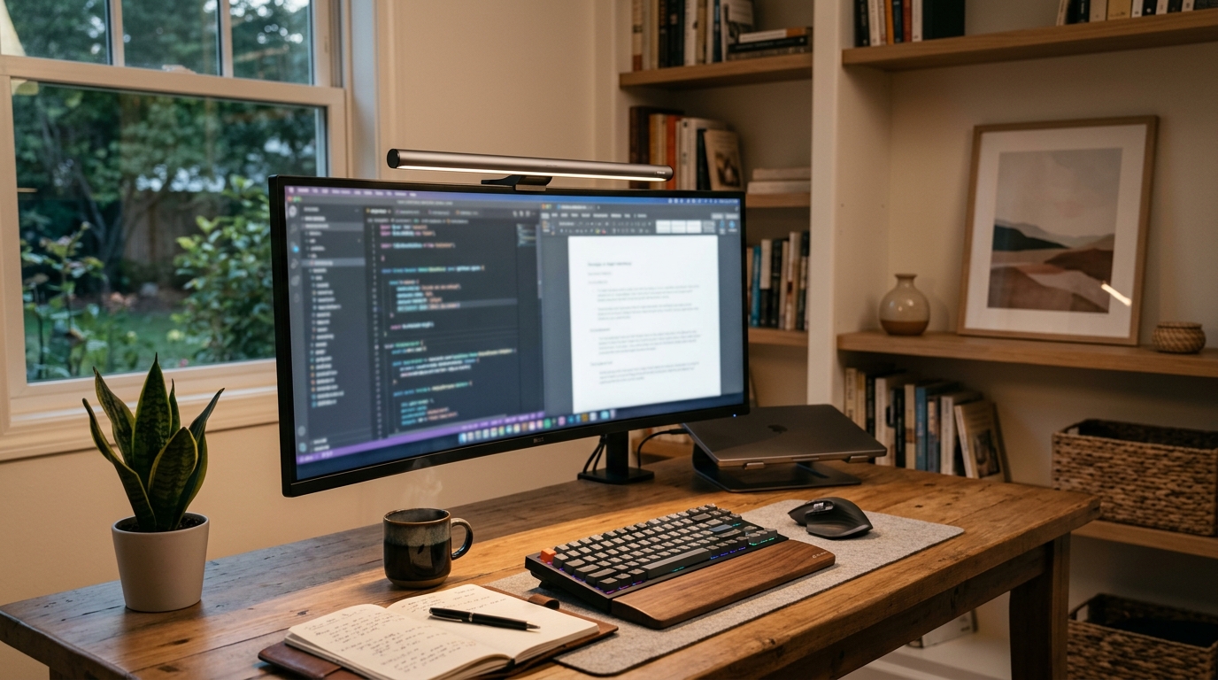 BenQ ScreenBar Plus mounted on a 27-inch monitor illuminating a clean home office desk without screen glare