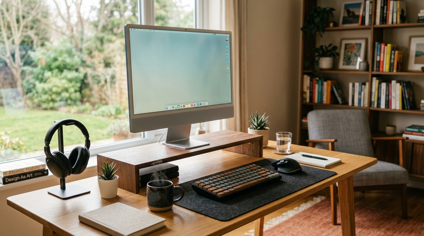 Clean home office desk with a monitor raised on an adjustable riser to eye level, keyboard stored below, warm natural light from a nearby window