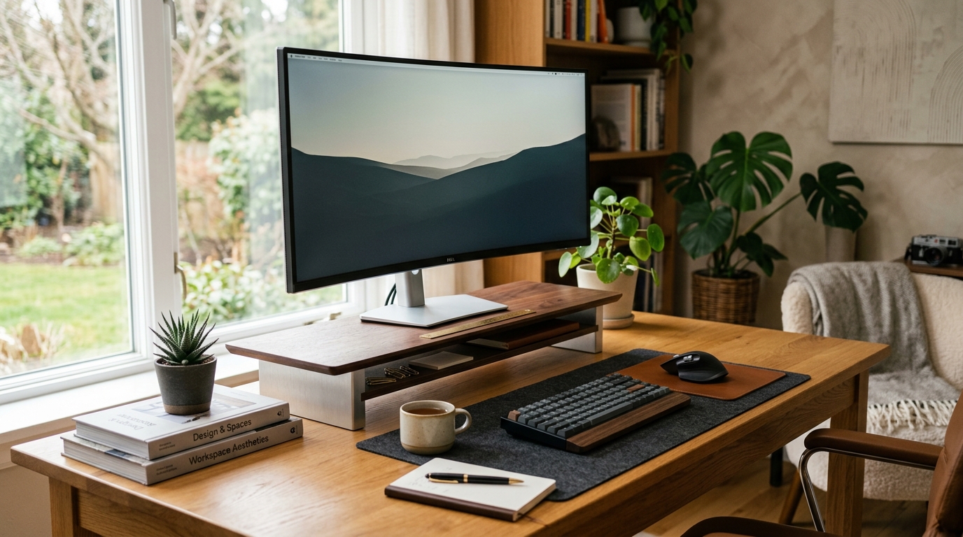 Bamboo monitor stand raising a 27-inch display to eye level on a clean wood desk with keyboard stored below