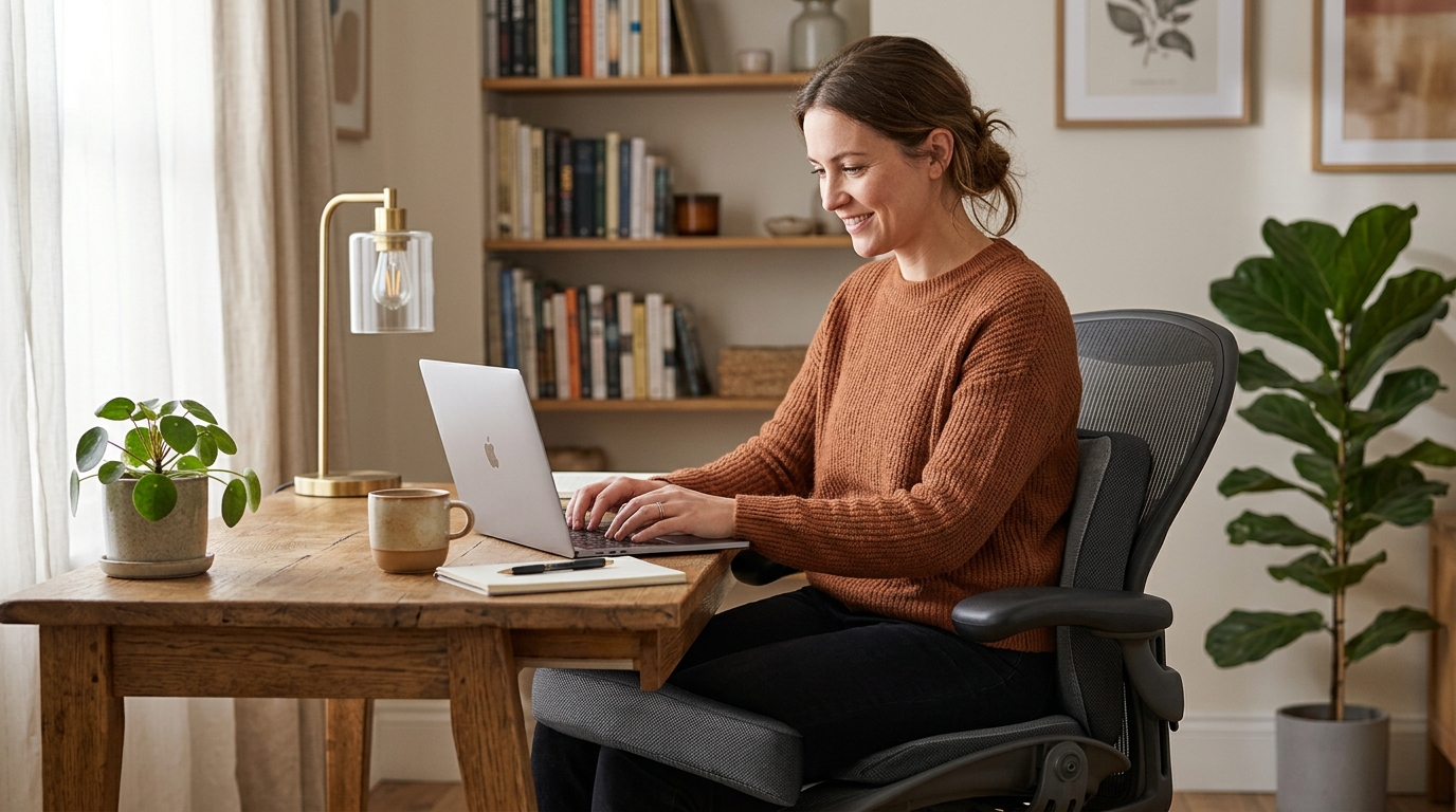 Gel memory foam seat cushion on an ergonomic office chair with clean desk setup