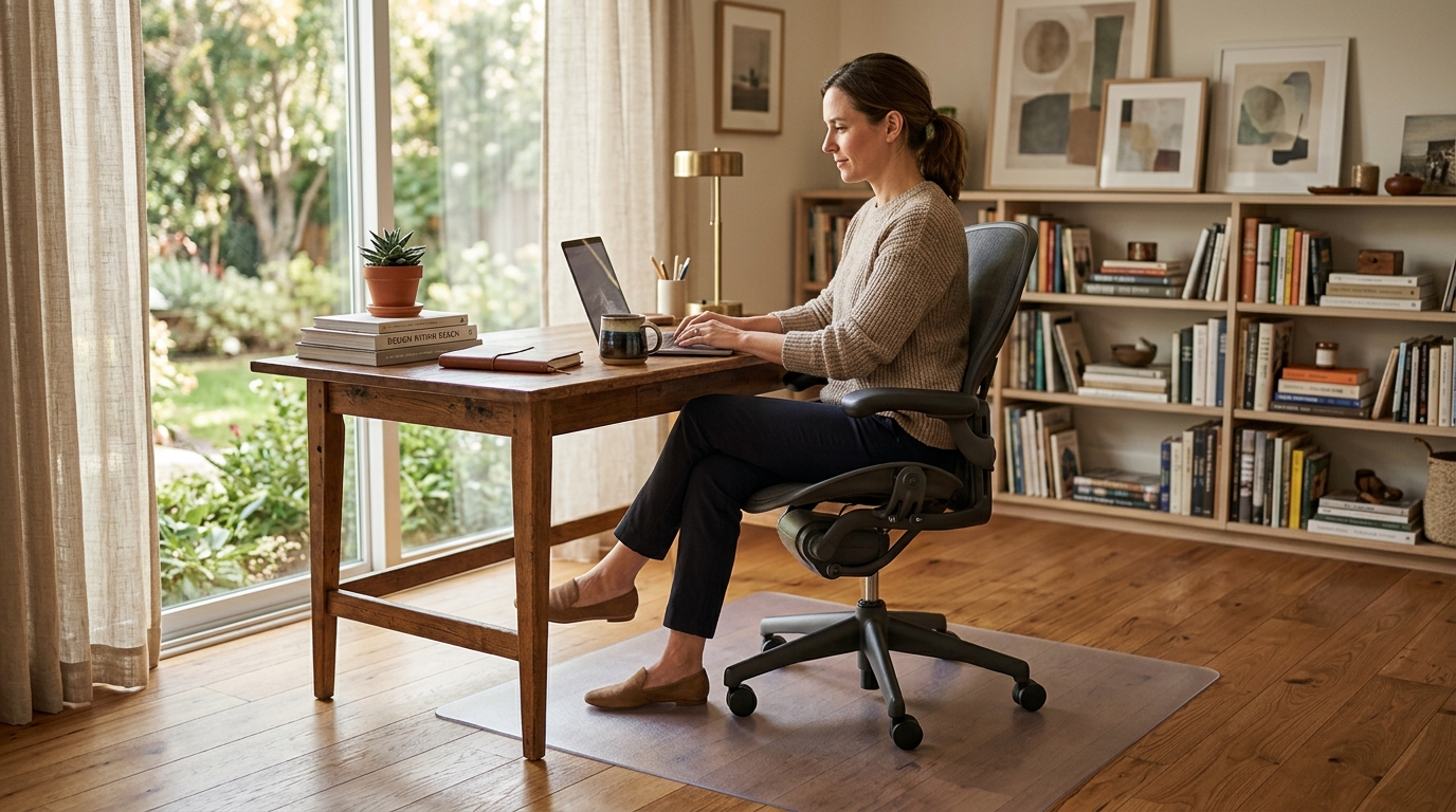 Clear polycarbonate office chair mat on hardwood floor under a white ergonomic desk chair in a modern home office