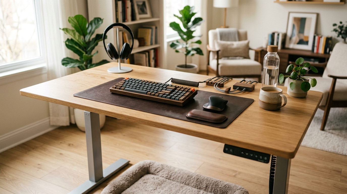 Ergonomic standing desk setup with anti-fatigue mat, monitor arm, and cable management accessories