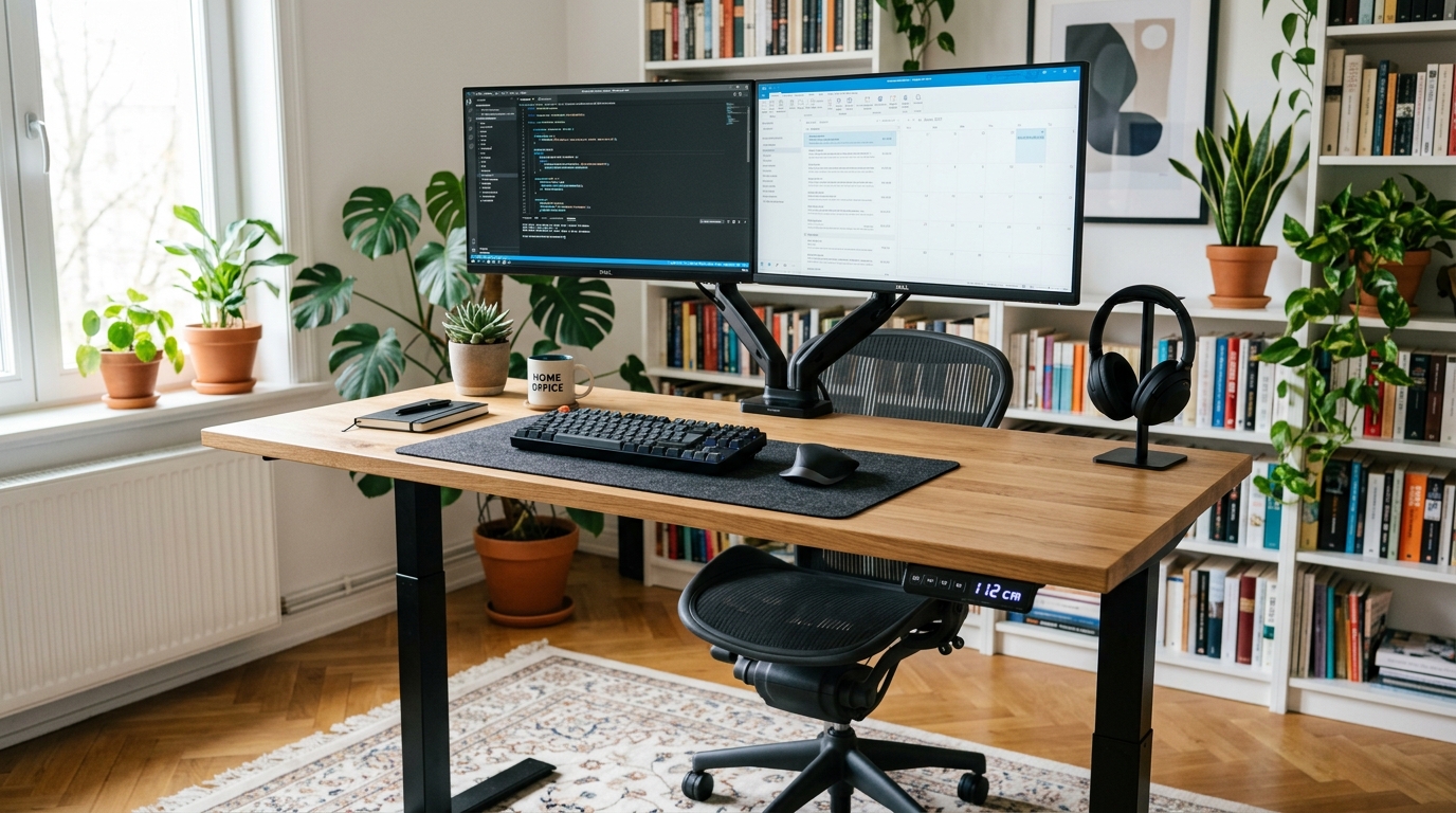 Electric sit-stand desk at standing height with dual monitors and ergonomic accessories