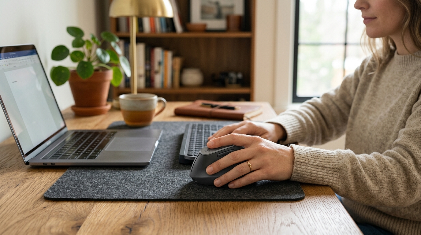 Logitech MX Vertical ergonomic mouse on a clean wood desk next to a keyboard in a modern home office