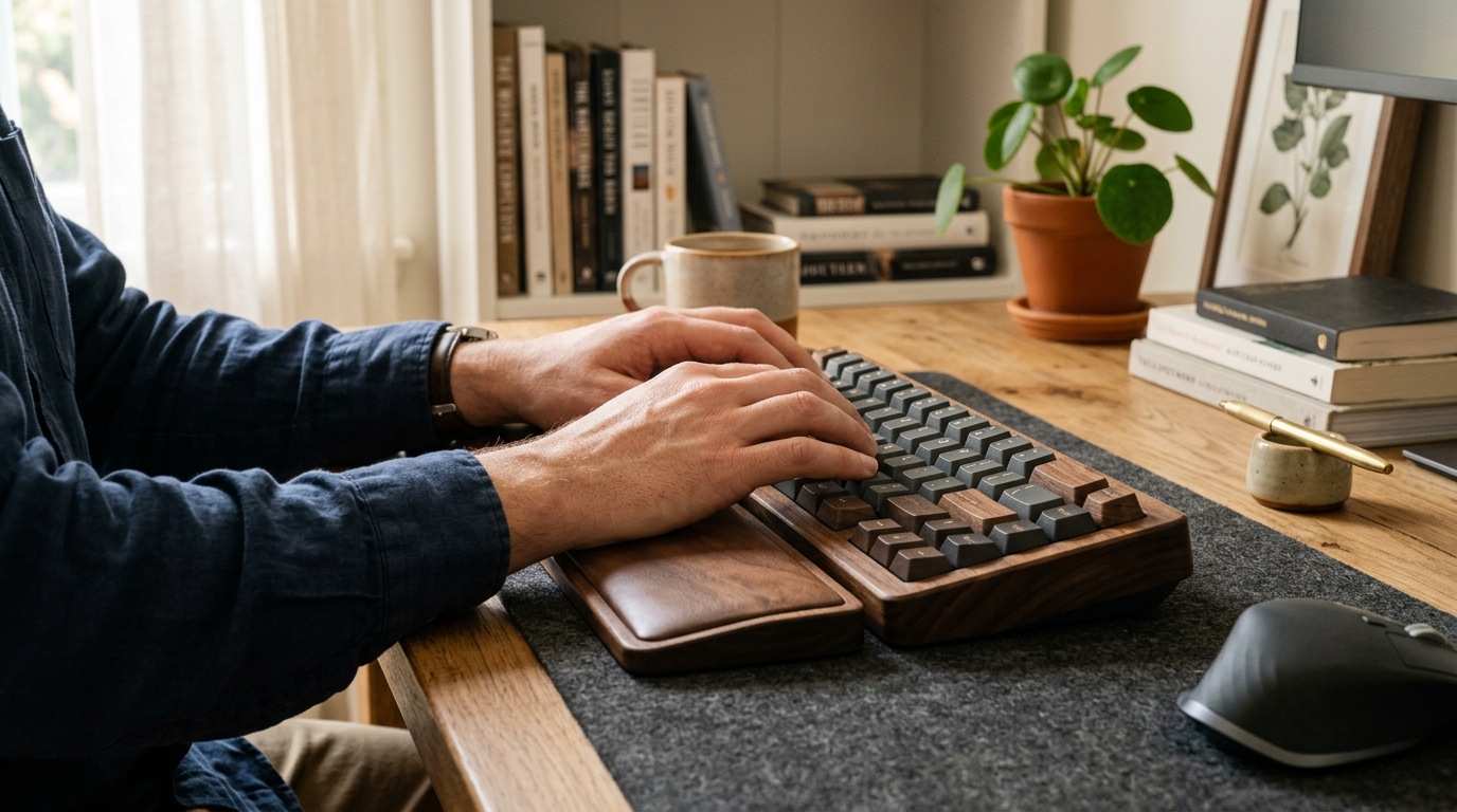 Gel wrist rest in front of a mechanical keyboard on a clean wood desk with mouse pad wrist support alongside