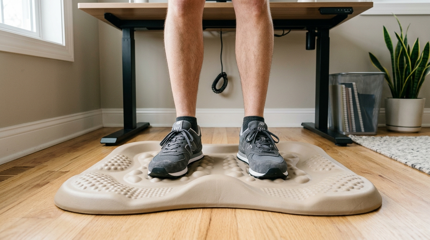 Premium contoured anti-fatigue mat in beige sculpted foam under a standing desk on a light wood floor