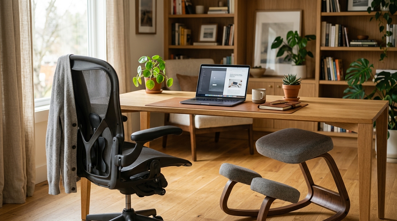 Side-by-side comparison of an ergonomic office chair and a kneeling chair in a modern home office
