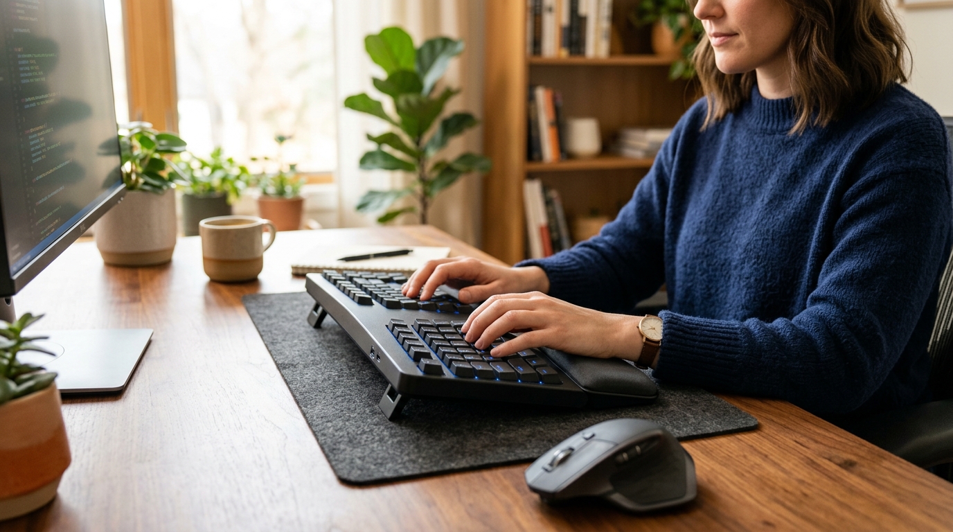 Split ergonomic keyboard with negative tilt and integrated palm rest on a clean home office desk