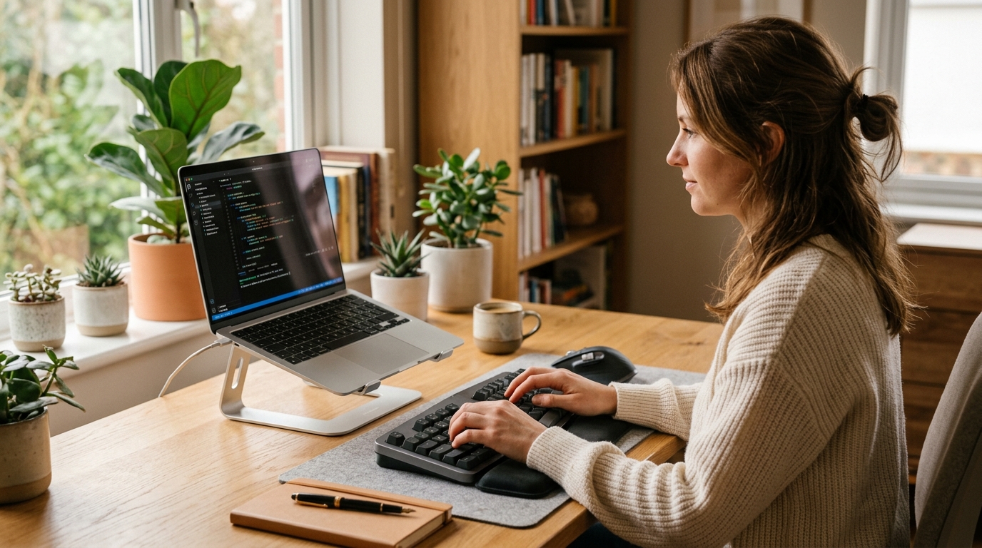 Split ergonomic keyboard paired with a MacBook Air on a clean home office desk