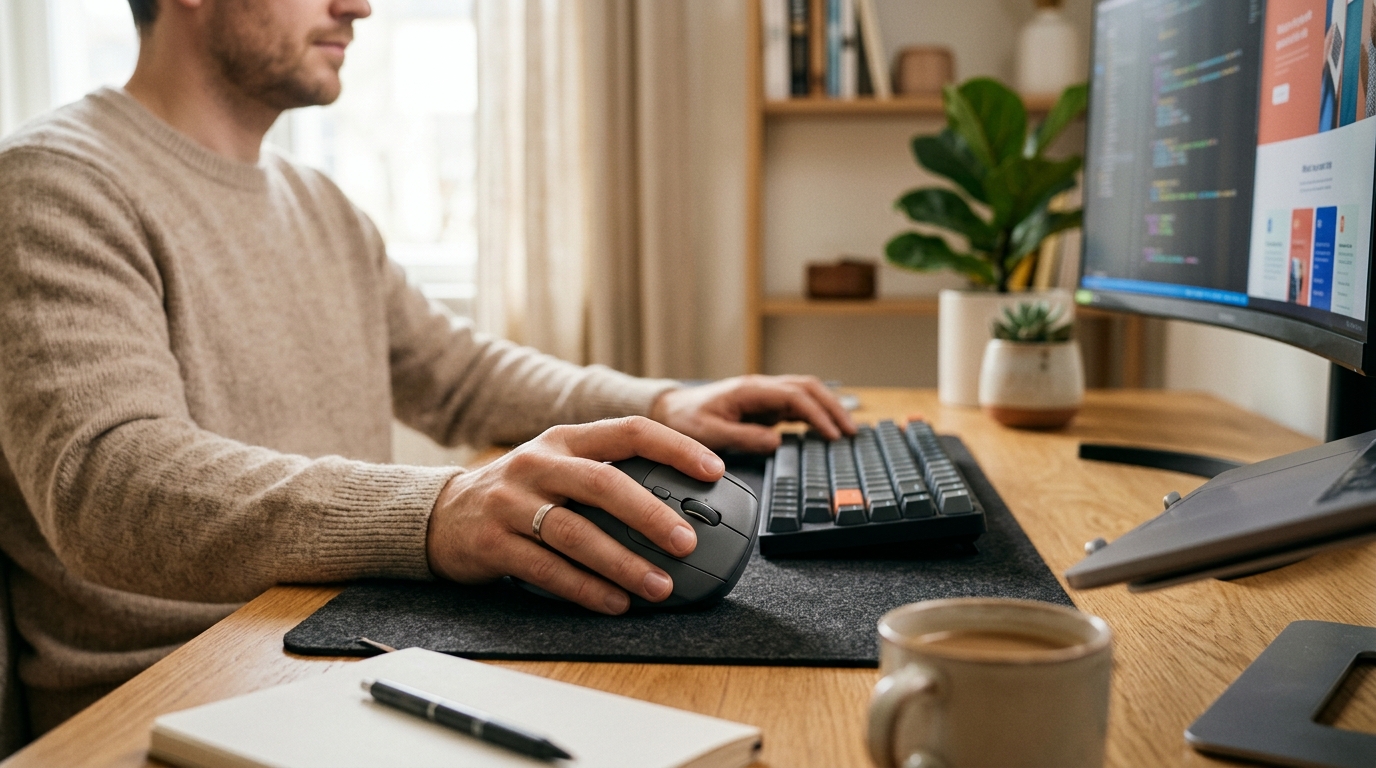 Left-handed ergonomic vertical mouse and symmetric trackball on a desk