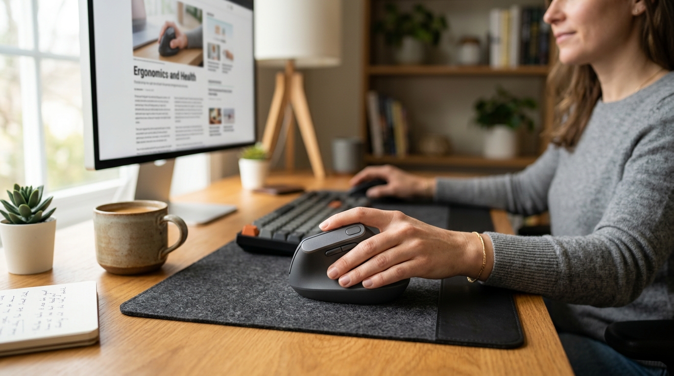 Vertical ergonomic mouse and trackball mouse on a white desk for wrist pain relief