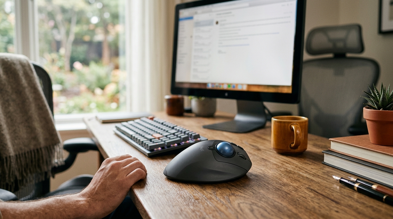 Logitech MX Ergo trackball mouse on a clean desk next to a mechanical keyboard in a modern ergonomic office setup