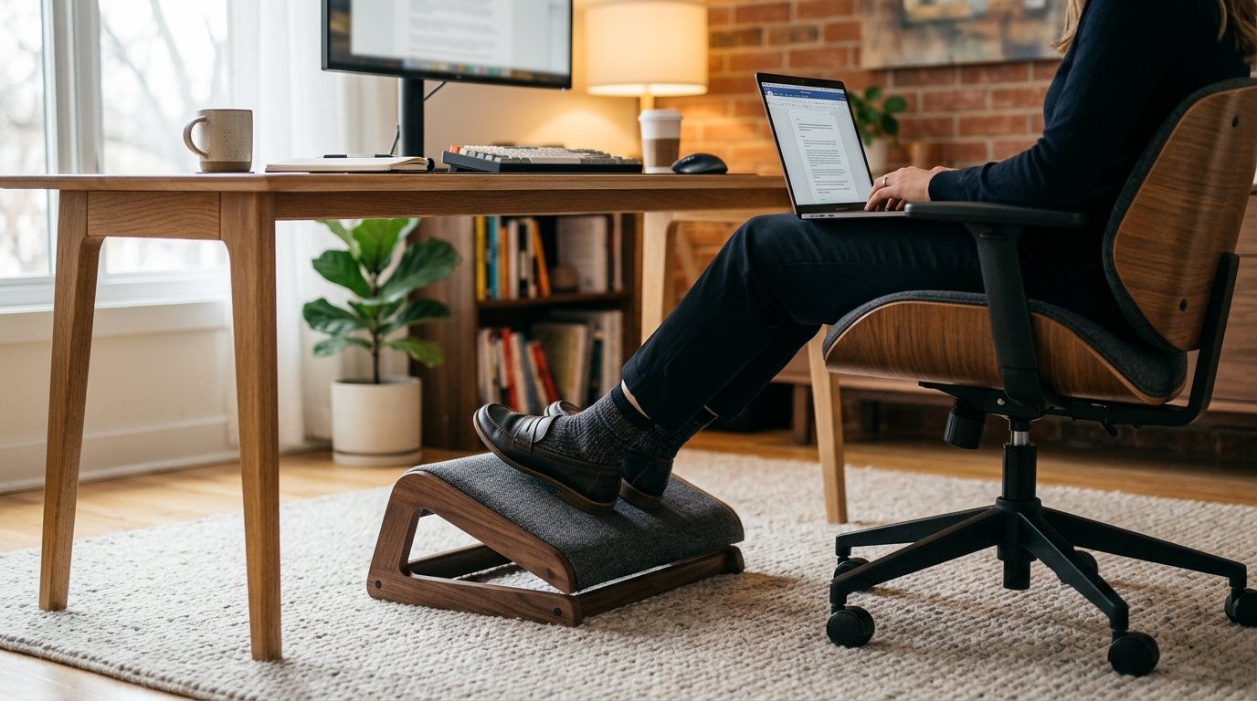 Ergonomic adjustable wooden foot rest under a modern home office desk on a hardwood floor