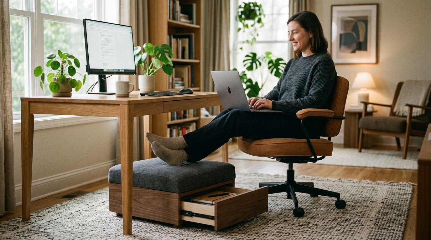 Solid bamboo footrest with hinged storage compartment under a modern home office desk