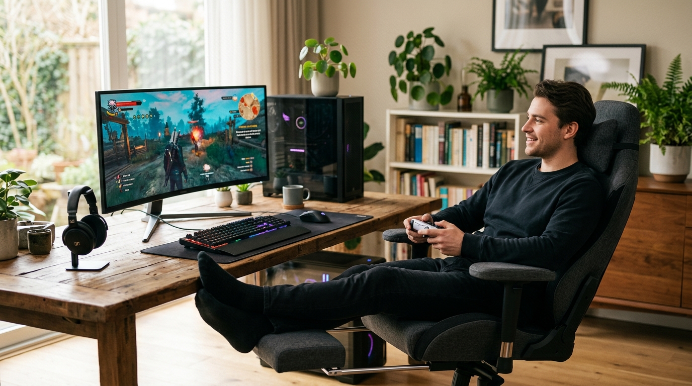 Gaming chair fully reclined with retractable footrest extended, showing legrest and lumbar support features
