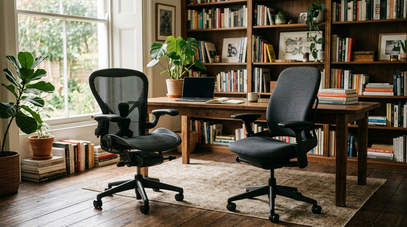 Herman Miller Aeron and Steelcase Leap office chairs side by side in a modern ergonomic home office