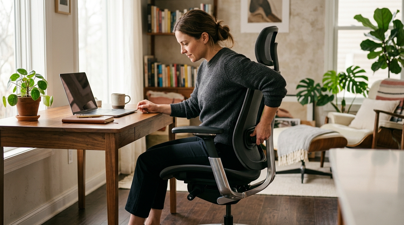 Ergonomic office chair with labeled adjustment points for seat height, lumbar support, and armrests