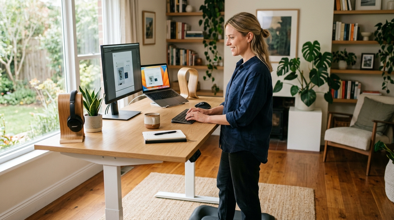 Adjustable height standing desk with dual monitors in a bright home office