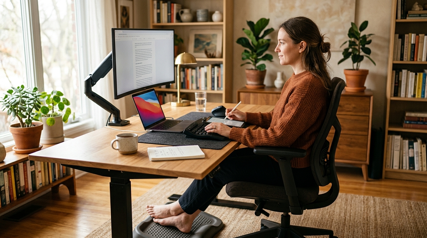 Person sitting at an ergonomically adjusted desk with chair height, monitor, and keyboard at correct ergonomic positions