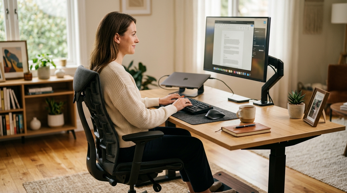 Person sitting at desk with correct ergonomic posture showing monitor at eye level and feet flat on floor