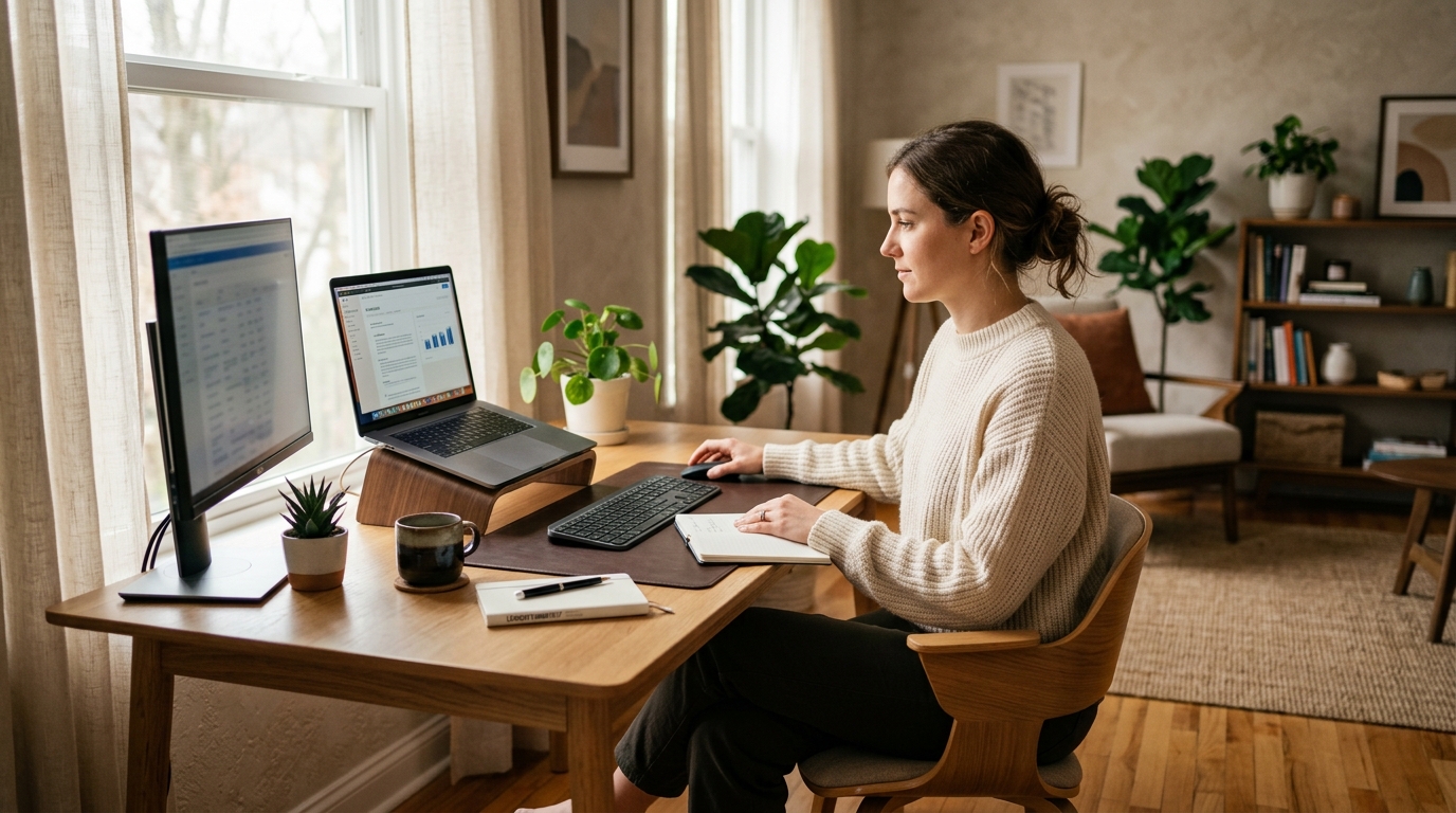 Clean, well-lit home office with ergonomic chair, standing desk, and dual monitors set up for maximum focus and productivity