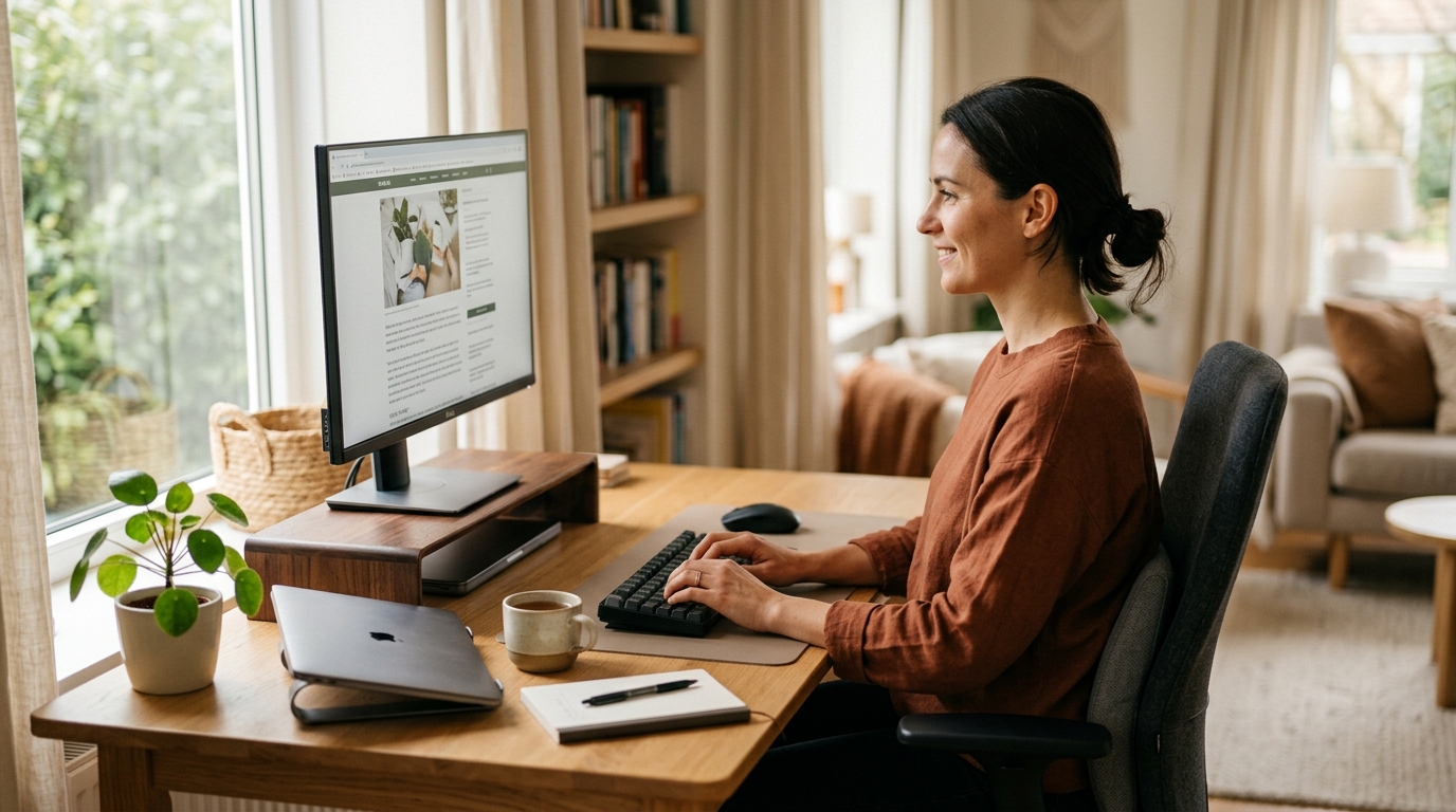 Person sitting at a desk with monitor raised to eye level, demonstrating correct head-neutral posture to prevent tech neck