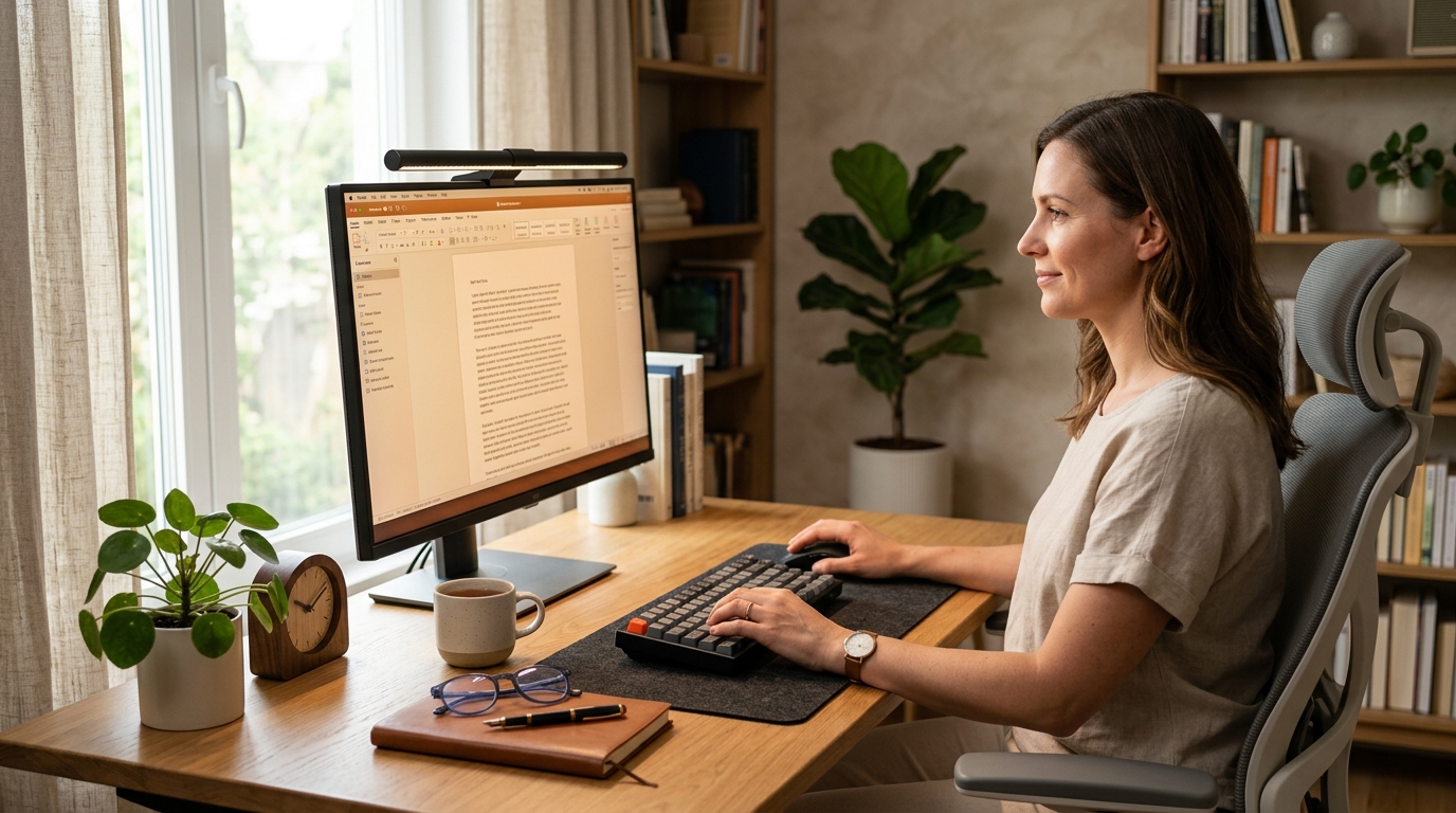 Person working at a computer with a well-lit desk setup showing proper monitor distance and ambient lighting for reducing eye strain