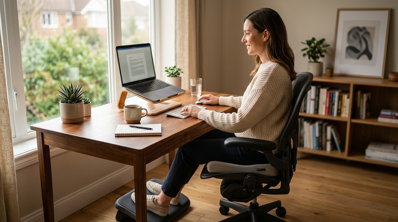Person sitting at an ergonomically adjusted desk with correct chair height and thigh angle to prevent hip pain