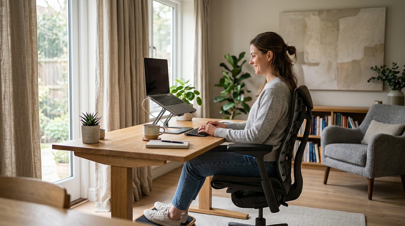 Person sitting at an ergonomic desk with correct lumbar support and monitor height to reduce lower back pain