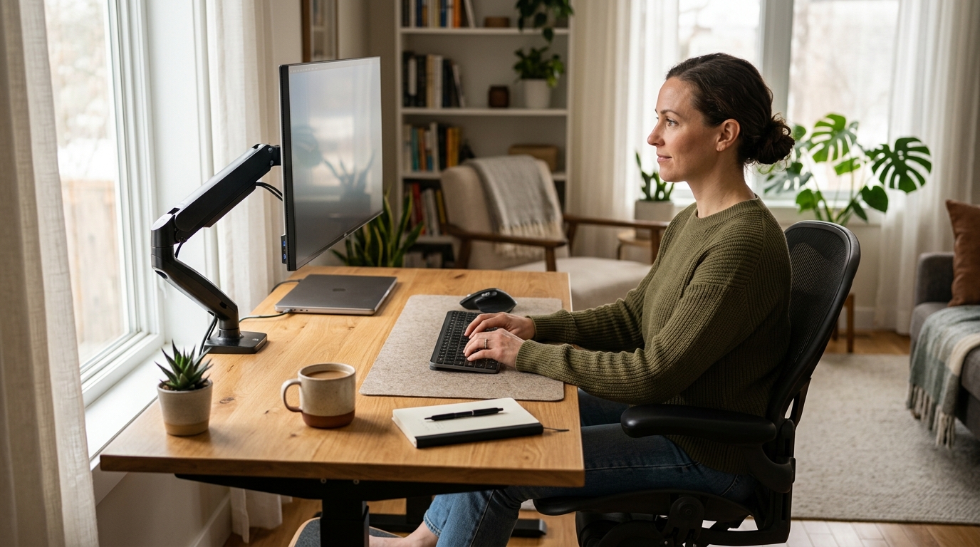 Ergonomic workstation with sit-stand desk, monitor arm, split keyboard, and vertical mouse
