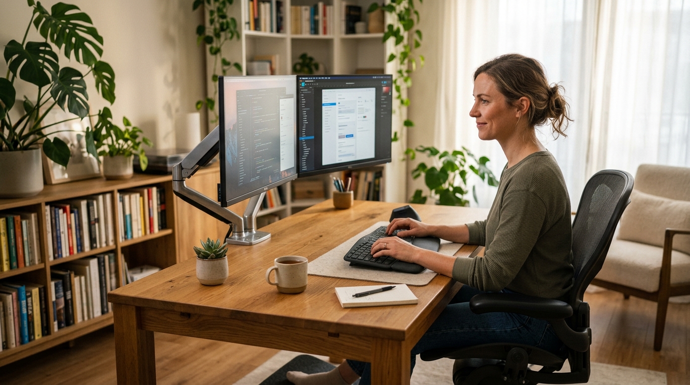 Dual monitor desk setup with both screens at matching eye level height using monitor arms