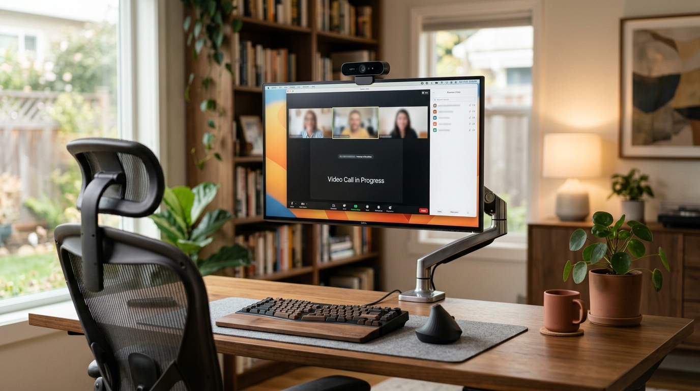 Ergonomic home office for video calls with webcam at eye level, key light, and external microphone on desk arm