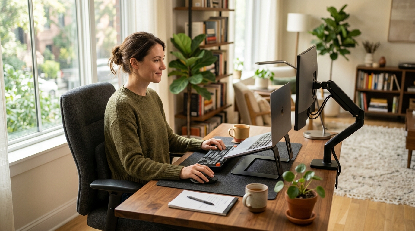Ergonomic remote workspace with sit-stand desk, monitor arm, split keyboard, and ring light