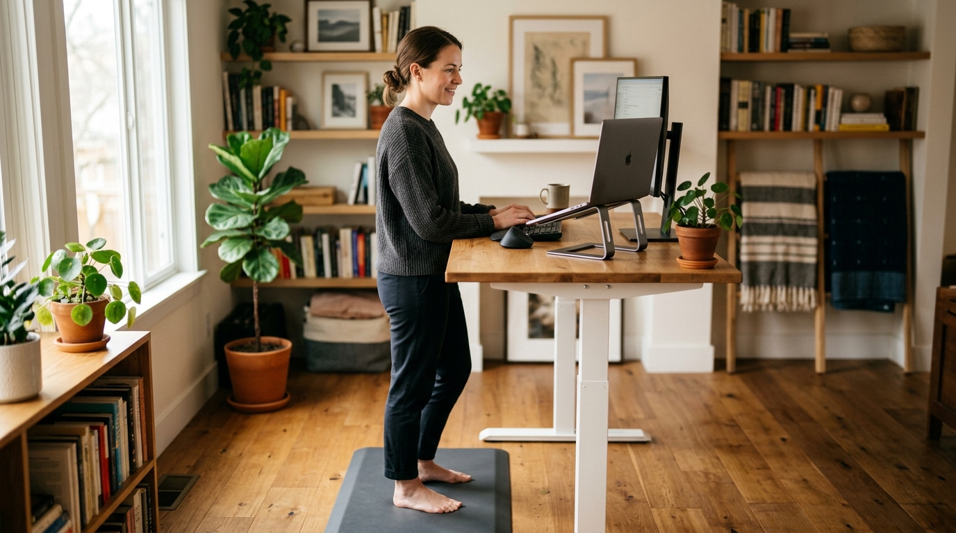 Person standing at an ergonomically adjusted height-adjustable desk with monitor at eye level and anti-fatigue mat underfoot