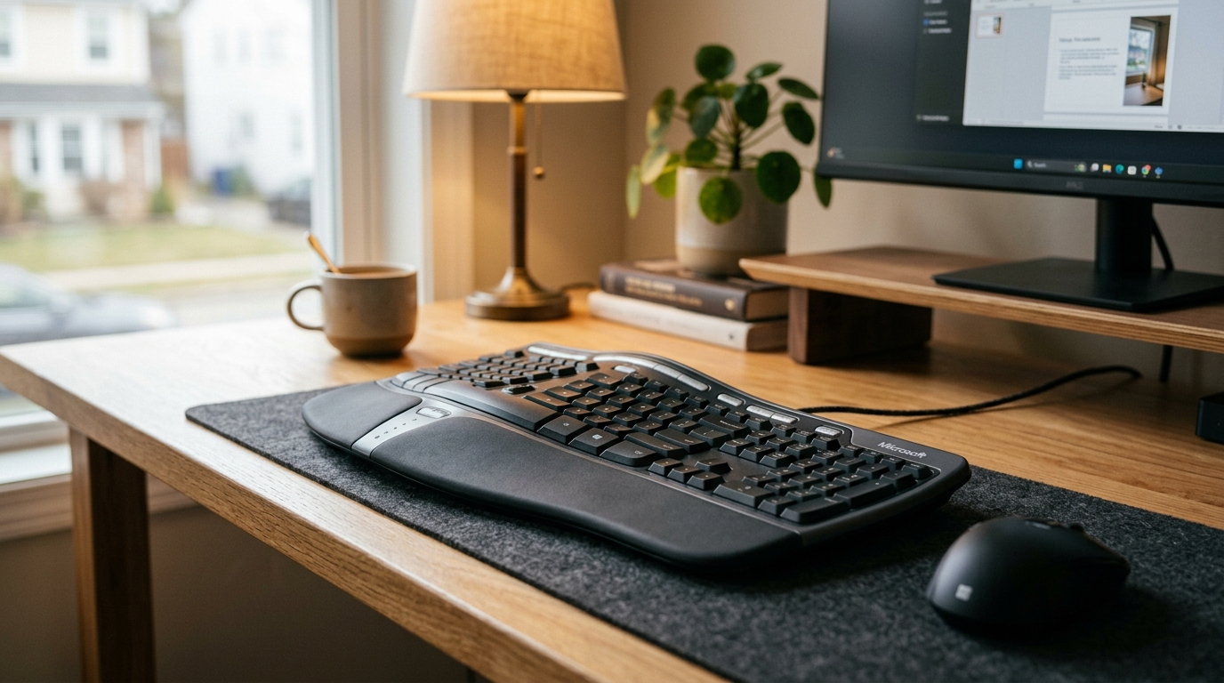 Microsoft Natural Ergonomic Keyboard 4000 with cushioned palm rest on a clean home office desk