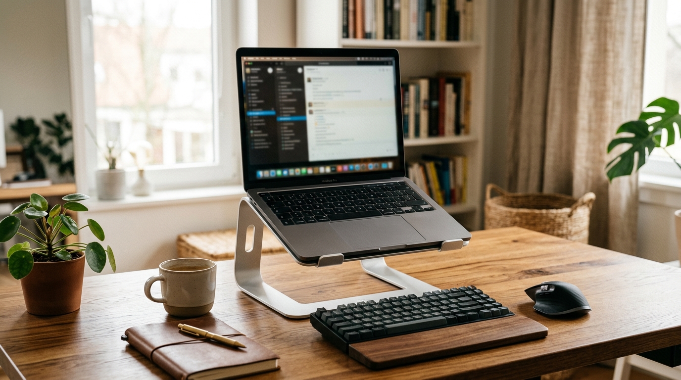 Aluminum adjustable laptop stand raising a laptop to eye level on a clean home office desk