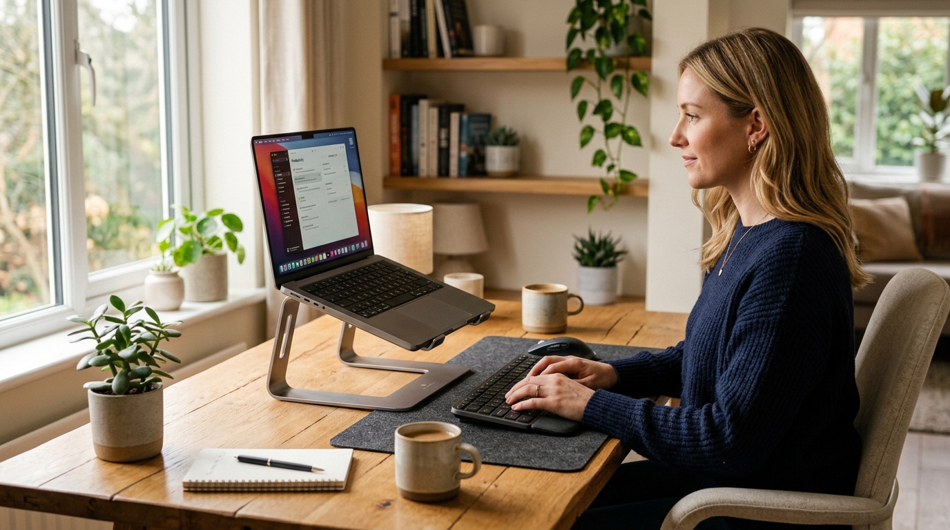 Aluminum laptop stand raising a MacBook to eye level on a clean home office desk with an external keyboard in front
